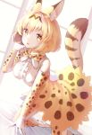  1girl :p absurdres animal_ear_fluff animal_ears animal_ears_(artist) bare_shoulders blonde_hair blush boots bow bowtie center_frills commentary_request elbow_gloves eyebrows_visible_through_hair gloves high-waist_skirt highres kemono_friends kneeling multicolored_hair on_bed paw_pose print_gloves print_legwear print_neckwear print_skirt serval_(kemono_friends) serval_ears serval_print serval_tail short_hair skirt sleeveless solo tail thigh-highs tongue tongue_out yellow_eyes zettai_ryouiki 