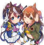  2girls absurdres animal_ears belt blue_eyes boots brown_hair commentary_request dog_tags epaulettes gloves hair_ornament highres horse_ears horse_tail jacket long_hair looking_at_viewer mayano_top_gun midriff misonikomi multicolored_hair multiple_girls navel one_eye_closed open_mouth ponytail salute shorts smile tail tokai_teio umamusume v white_gloves yellow_eyes 