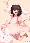  1girl :3 :d animal_ears arm_up bangs barefoot black_hair blush_stickers clenched_hand commentary dress eyebrows_visible_through_hair full_body hair_between_eyes hand_up inaba_tewi jumping kaiza_(rider000) looking_at_viewer open_mouth pink_background pink_dress puffy_short_sleeves puffy_sleeves rabbit rabbit_ears red_eyes short_hair short_sleeves simple_background smile solo thighs touhou |_| 
