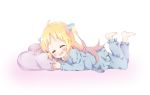  1girl barefoot blonde_hair blue_pajamas blue_pants blue_shirt charlotte_izoard child closed_eyes legs_up long_hair lying mearian on_stomach open_mouth pajamas pants pillow ribbon ryuuou_no_oshigoto! shirt simple_background sleepwear smile solo two_side_up white_background 