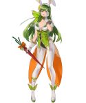  1girl animal_ears bangs breasts bunny_tail carrot choker collarbone fake_animal_ears fire_emblem fire_emblem:_mystery_of_the_emblem fire_emblem_heroes flower food full_body gloves green_eyes green_footwear green_hair hair_ornament hand_on_own_cheek hand_up headband high_heels highres holding leotard long_hair looking_at_viewer mayo_(becky2006) medium_breasts nintendo official_art open_mouth pantyhose paola pom_pom_(clothes) see-through shiny shiny_hair sleeveless smile solo standing tail transparent_background white_gloves 