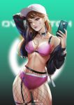  1girl artist_name baseball_cap belt belt_buckle bikini black_belt black_jacket black_nails blurry blurry_background breasts brown_eyes brown_hair buckle cellphone choker collarbone cowboy_shot d.va_(overwatch) earrings facepaint facial_mark fingernails fishnet_pantyhose fishnets gradient gradient_background green_background hand_behind_head hat highres holding holding_phone hoop_earrings jacket jewelry large_breasts leather leather_belt leather_jacket lips long_hair long_sleeves makeup messy_hair nail_polish nose off_shoulder overwatch pantyhose parted_lips phone pink_bikini pink_lips smartphone smile solo swimsuit unzipped watermark whisker_markings xili_fish zipper 