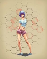  1girl absurdres arms_at_sides ayanami_rei blue_hair breasts casual closed_mouth collarbone commentary contrapposto crop_top doolio english_commentary expressionless eyebrows female flats full_body groin hexagon highres legs_apart long_legs lowleg lowleg_shorts navel neon_genesis_evangelion pigeon-toed pink_shorts red_eyes shirt short_hair shorts small_breasts solo standing stomach summer t-shirt 