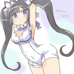  1girl armpits arms_behind_head arms_up bangs black_hair blue_eyes blue_neckwear blue_ribbon bow bowtie character_name commentary_request covered_navel dress dungeon_ni_deai_wo_motomeru_no_wa_machigatteiru_darou_ka hair_ornament heart hestia_(danmachi) long_hair morimaiko rei_no_himo ribbon short_dress sidelocks smile solo twintails very_long_hair white_dress 