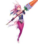  1girl animal_ears artist_request bangs bare_shoulders breasts choker closed_mouth collarbone eyebrows_visible_through_hair fire_emblem fire_emblem:_seima_no_kouseki fire_emblem_heroes gloves high_heels highres holding holding_weapon leg_up leotard long_hair marica_(fire_emblem) medium_breasts nintendo official_art pantyhose pink_hair polearm rabbit_ears see-through shiny shiny_clothes solo spear transparent_background violet_eyes weapon white_footwear 