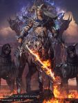  1boy armor artist_name bahamut_crisis centaur clouds collar company_name dated dog fire flame flaming_sword full_body greaves grey_eyes highres horns long_hair male_focus monster_boy outdoors realistic solo spiked_collar spikes standing sura watermark white_hair 