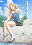  1girl anarchojs bare_legs blonde_hair camisole clouds dagashi_kashi ear_piercing endou_saya food full_body hair_ornament hairclip highres long_hair looking_at_viewer mouth_hold outdoors piercing pleated_skirt popsicle sitting skirt sky solo tree water yellow_eyes 