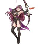  1girl animal_ears armpits arrow bangs black_gloves black_leotard boots bow_(weapon) breasts bunny_tail cleavage covered_navel earrings egg elbow_gloves fake_animal_ears fire_emblem fire_emblem_heroes flower full_body gloves hair_ornament high_heels highleg highleg_leotard highres holding holding_bow_(weapon) holding_weapon jewelry large_breasts leotard lips lipstick loki_(fire_emblem_heroes) long_hair makeup nintendo official_art parted_bangs petals purple_hair rabbit_ears sleeveless smile solo standing tail thigh-highs thigh_boots toshiyuki_kusakihara transparent_background violet_eyes weapon 