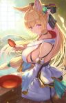  1girl absurdres animal_ears arm_support bangs bare_back bare_shoulders blonde_hair blurry blush bow braid breasts choker commentary_request depth_of_field erune eyebrows_visible_through_hair from_behind granblue_fantasy hair_bow hayataku1234 highres japanese_clothes large_breasts long_hair looking_at_viewer low_ponytail on_bench ponytail red_eyes sideboob sitting smile solo sunlight tree very_long_hair water wide_sleeves yuisis_(granblue_fantasy) 