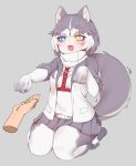  +_+ 1girl :3 animal_ear_fluff animal_ears blue_eyes boots commentary_request disembodied_limb dog_(mixed_breed)_(kemono_friends) dog_ears dog_tail elbow_gloves eyebrows_visible_through_hair fang fur_trim gloves gradient_gloves gradient_legwear grey_gloves grey_hair grey_legwear harness heterochromia jacket kemono_friends multicolored multicolored_clothes multicolored_gloves multicolored_hair nyifu open_mouth pantyhose paw_pose pleated_skirt scarf seiza short_hair short_sleeves sitting skirt solo sweater tail white_gloves white_hair white_legwear yellow_eyes 