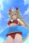  1girl ahoge armpits bangs bare_arms bare_shoulders bikini blue_sky blush breasts cleavage closed_mouth clouds cole collarbone commentary_request day draph eyebrows_visible_through_hair flower frilled_bikini frills granblue_fantasy grey_hair hair_between_eyes hair_flower hair_ornament holding horn_ornament horns innertube large_breasts long_hair looking_at_viewer outdoors red_bikini red_eyes sky smile solo standing sunlight swimsuit thalatha_(granblue_fantasy) thighs under_boob very_long_hair 