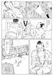  3boys comic greyscale highres hood japanese_clothes kimono long_sleeves monochrome multiple_boys opagi pants scan scorch_marks short_hair touhou translation_request 