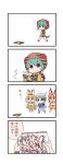  4koma animal_ears bare_shoulders batta_(ijigen_debris) blonde_hair blue_eyes blue_hair bow bowtie caracal_(kemono_friends) caracal_ears caracal_tail comic commentary_request elbow_gloves geta gloves green_hair hands_in_pockets high-waist_skirt highres hood hoodie kemono_friends kyururu_(kemono_friends) light_brown_hair long_sleeves multicolored_hair neck_ribbon print_gloves print_legwear ribbon seiyuu_connection serval_(kemono_friends) serval_ears serval_print serval_tail short_hair short_sleeves shorts sketchbook skirt sleeveless snake_print snake_tail tail tengu-geta thigh-highs translation_request tsuchinoko_(kemono_friends) vest watch yellow_eyes zettai_ryouiki 