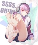 1girl absurdres barefoot bow breasts button_gap collared_shirt eyebrows_visible_through_hair feet highres jacket large_breasts lavender_hair legs legs_up looking_at_viewer off_shoulder oyo98 pink_neckwear pov_feet purple_bow purple_jacket purple_neckwear shinjou_akane shirt sitting smile soles ssss.gridman toe_scrunch toenails toes white_cardigan 
