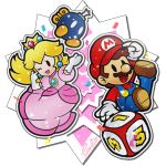  1boy 1girl 1other bob-omb confetti dice facial_hair intelligent_systems jumping mario mario_party mustache nd_cube nintendo one_eye_closed paper_mario pointing princess_peach smile sparkle style_parody thepinkmarioprincess 