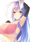  1girl absurdres animal_ears arm_up armpits bangs bare_shoulders black_gloves blue_hair blush bra breasts cleavage collarbone commentary_request elbow_gloves gloves hair_between_eyes hand_on_own_chest hand_up highres lace_trim large_breasts liya long_hair looking_at_viewer navel parted_lips pink_bra rabbit_ears red_eyes reisen_udongein_inaba solo stomach touhou underwear upper_body white_background 