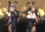  1girl 404_logo_(girls_frontline) :3 absurdres alternate_breast_size alternate_costume animal_ears bangs bare_shoulders black_gloves black_legwear black_leotard blurry blurry_background blush bow bowtie breasts brown_eyes brown_hair bunny_girl bunny_tail bunnysuit cleavage closed_mouth covered_navel cowboy_shot crossed_bangs detached_collar elbow_gloves eyebrows_visible_through_hair fake_animal_ears girls_frontline gloves groin gun h&amp;k_ump h&amp;k_ump45 hair_between_eyes hair_ornament hairclip hand_up hayabusa heckler_&amp;_koch highres holding holding_gun holding_weapon indoors large_breasts leotard long_hair looking_at_viewer medium_breasts one_side_up open_mouth paid_reward pantyhose patreon_reward rabbit_ears scar scar_across_eye sidelocks signature skindentation smile solo submachine_gun tail twintails ump45_(girls_frontline) ump9_(girls_frontline) v weapon wrist_cuffs yellow_eyes 