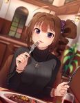 1girl ahoge alcohol black_sweater blush bracelet breasts brown_hair cup drill_hair drinking_glass eyebrows_visible_through_hair food fork holding holding_fork holding_knife idolmaster idolmaster_million_live! idolmaster_million_live!_theater_days indoors jewelry kamille_(vcx68) knife large_breasts lens_flare looking_at_viewer necklace parted_lips plate ribbed_sweater scrunchie short_hair side_drill sitting smile solo star star_necklace sweater table violet_eyes wine wine_glass yokoyama_nao 