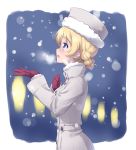  1girl absurdres blonde_hair blue_eyes blurry braid breath commentary darjeeling eyebrows_visible_through_hair from_side fur-trimmed_hat girls_und_panzer grey_coat grey_hat highres kuzuryuu_kennosuke light_blush long_sleeves night open_mouth outdoors short_hair smile snow solo standing tied_hair twin_braids upper_body violet_eyes winter_clothes 