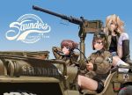  3girls abazu-red alisa_(girls_und_panzer) arm_support arms_behind_head bangs black_footwear black_shirt black_shorts blonde_hair blue_eyes blue_shorts blue_sky boots brown_eyes brown_hair brown_jacket browning_m2 car closed_mouth cursive day denim denim_shorts driving emblem english_text freckles girls_und_panzer goggles goggles_on_headwear green_hat grin ground_vehicle hair_intakes hat helmet jacket jeep kay_(girls_und_panzer) leg_up legs light_frown long_hair long_sleeves looking_at_viewer military military_uniform military_vehicle motor_vehicle multiple_girls naomi_(girls_und_panzer) open_clothes open_jacket open_mouth outdoors parted_lips saunders_(emblem) saunders_military_uniform shadow shirt short_hair short_shorts short_twintails shorts signature sitting sky sleeveless_jacket smile smirk star thigh-highs twintails twitter_username uniform very_short_hair white_legwear zipper 