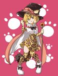  1girl :d animal_ears animal_print bangs black_bow black_hat black_neckwear blonde_hair bow bowtie cape center_frills elbow_gloves eyebrows_visible_through_hair full_body fur_collar gloves hair_between_eyes hand_up hat high-waist_skirt highres holding holding_staff jaguar_(kemono_friends) jaguar_ears jaguar_print jaguar_tail jamir kemono_friends legs_apart looking_at_viewer open_mouth paw_print pigeon-toed pink_background shirt shoes short_hair short_sleeves skirt smile solo staff tail thigh-highs v-shaped_eyebrows white_footwear white_shirt yellow_eyes 