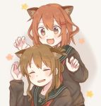  2girls :d ^_^ animal_ears bangs black_serafuku blush brown_eyes brown_hair cat_ears claw_pose closed_eyes closed_eyes commentary_request fang folded_ponytail hair_ornament hairclip hand_up ikazuchi_(kantai_collection) inazuma_(kantai_collection) kantai_collection kemonomimi_mode long_sleeves multiple_girls neckerchief nekorone open_mouth red_neckwear school_uniform serafuku short_hair sidelocks smile upper_body 