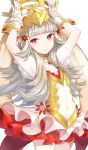  1girl animal_ears armpits arms_up bangs bare_arms blunt_bangs blush bow bunny_tail bunnysuit center_opening commentary_request crown fake_animal_ears fire_emblem fire_emblem_heroes frilled_cuffs gloves grey_hair hair_ornament highres kemonomimi_mode long_hair looking_at_viewer navel nintendo pantyhose parted_lips rabbit rabbit_ears red_eyes ringozaka_mariko sidelocks simple_background solo stomach tail veronica_(fire_emblem) white_background wrist_cuffs 