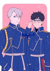  2boys adjusting_eyewear amestris_military_uniform black_hair blue-framed_eyewear blue_eyes blue_jacket blue_pants brown_eyes cowboy_shot eyebrows_visible_through_hair fullmetal_alchemist grey_hair hair_between_eyes highres jacket katsuki_yuuri long_sleeves looking_at_viewer meyoco military military_jacket military_uniform multiple_boys pants pink_background short_hair smile sparkle uniform viktor_nikiforov yuri!!!_on_ice 