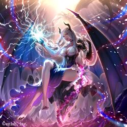  1girl black_gloves breasts cleavage company_name demon_wings flower full_body gloves highres horns kazari_tayu large_breasts legs_crossed long_hair magic official_art parted_lips silver_hair single_glove sitting solo thighlet very_long_hair violet_eyes watermark wings 