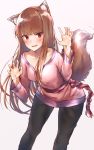  1girl animal_ear_fluff animal_ears black_legwear breasts brown_hair collarbone commentary_request eyebrows_visible_through_hair hechi_(hechi322) highres holo long_hair long_sleeves looking_at_viewer medium_breasts pants paw_pose red_eyes simple_background smile solo spice_and_wolf tail white_background wolf_ears wolf_tail 