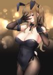  1girl 404_logo_(girls_frontline) :3 absurdres alternate_costume animal_ears bangs bare_shoulders black_gloves black_legwear black_leotard blurry blurry_background blush breasts brown_eyes brown_hair bunny_girl bunny_tail bunnysuit cleavage closed_mouth covered_navel cowboy_shot detached_collar elbow_gloves eyebrows_visible_through_hair fake_animal_ears girls_frontline gloves groin hair_between_eyes hair_ornament hairclip hand_up hayabusa highres indoors large_breasts leotard long_hair looking_at_viewer paid_reward pantyhose patreon_reward rabbit_ears scar scar_across_eye sidelocks signature skindentation smile tail twintails ump9_(girls_frontline) v wrist_cuffs 