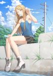  1girl anarchojs bare_legs blonde_hair camisole chinese_commentary clouds commentary_request dagashi_kashi ear_piercing endou_saya food full_body hair_ornament hairclip highres long_hair looking_at_viewer mouth_hold outdoors piercing pleated_skirt popsicle sanpaku sitting skirt sky solo tree water yellow_eyes 