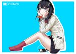  1girl :| absurdres akutagawa_joo bangs black_hair black_skirt blue_background bow bowtie cardigan closed_mouth commentary_request copyright_name digital_media_player dress_shirt earphones eyelashes from_side full_body green_eyes hands_on_headphones highres ipod legs long_hair long_sleeves looking_at_viewer miniskirt orange_scrunchie pleated_skirt red_legwear red_neckwear scrunchie shirt silhouette sitting skirt socks solo ssss.gridman sweater takarada_rikka uniform white_cardigan white_shirt white_sweater wing_collar wrist_scrunchie 