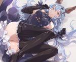  1girl akira_(coffee_curry) animal_ears ass bangs black_gloves black_legwear blue_dress blue_hair breasts brown_eyes commentary_request cross_hair_ornament dress elbow_gloves erune eyebrows_visible_through_hair ferry_(granblue_fantasy) frilled_dress frilled_legwear frills gloves granblue_fantasy hair_ornament long_hair looking_at_viewer lying on_back open_mouth rabbit_ears sideboob simple_background sleeveless sleeveless_dress smile solo thigh-highs wavy_hair 