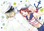  1boy 1girl :d anchor_symbol bangs blue_eyes blue_pants blue_sailor_collar brown_hair crop_top dezel_(tales) dutch_angle gloves gradient_hair green_hair groin hair_over_eyes hat jacket looking_at_viewer midriff military_jacket multicolored_hair navel open_mouth pants peaked_cap rose_(tales) sailor_collar saklo shirt short_hair short_ponytail sidelocks silver_hair simple_background sleeveless sleeveless_shirt smile stomach striped striped_shirt suspenders swept_bangs tales_of_(series) tales_of_zestiria two-tone_hair white_gloves white_hat white_jacket white_shirt 