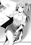  1girl breasts choroin_desuga_koibito_ni_wa_naremasenka coffee collarbone computer covered_nipples cup eyebrows_visible_through_hair greyscale hair_between_eyes highres holding holding_cup indoors laptop large_breasts leaning_back legs_crossed long_hair miniskirt monochrome novel_illustration official_art plaid plaid_skirt ponytail shiny shiny_hair shirt short_sleeves sitting skirt solo sousouman teacup 