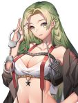  1girl absurdres bare_shoulders black_jacket breasts bustier chest_strap cleavage collarbone cuffs flower fp-6_(girls_frontline) girls_frontline green_hair hair_flower hair_ornament hand_on_hip henz_(86551650) highres jacket large_breasts long_hair looking_at_viewer midriff navel off_shoulder open_clothes open_jacket parted_lips simple_background solo star suspenders very_long_hair walkie-talkie white_background x_hair_ornament yellow_eyes 