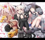  3girls :d animal_ear_fluff animal_ears armpit_crease ass asymmetrical_legwear bangs bare_shoulders bed_sheet bell black_gloves black_hairband black_legwear black_leotard black_skirt blush bow breasts brown_eyes brown_hair cat_ears cat_tail center_opening chloe_von_einzbern cleavage closed_mouth commentary_request dark_skin eyebrows_visible_through_hair fake_animal_ears fake_tail fang fate/kaleid_liner_prisma_illya fate_(series) flat_chest from_above full_body fur-trimmed_gloves fur-trimmed_skirt fur_collar fur_trim garter_straps gloves grey_legwear grey_vest hair_bell hair_between_eyes hair_bow hair_ornament hairband hairclip high_ponytail illyasviel_von_einzbern jingle_bell knees_up leotard letterboxed light_brown_hair long_hair looking_at_viewer lying miyu_edelfelt multiple_girls noa_(nagareboshi) nose_blush on_back on_side open_mouth panties paw_gloves paw_shoes paws petals ponytail red_bow red_eyes red_panties red_ribbon ribbon shoes single_thighhigh skindentation skirt smile tail tail_ribbon tareme thigh-highs thigh_ribbon underwear v-shaped_eyebrows vest white_background yellow_gloves 
