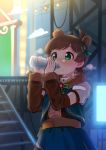  1girl animal_ears bear_ears blue_skirt blush bottle bow brown_hair drinking eyebrows_visible_through_hair fake_animal_ears green_bow green_eyes hair_bow holding holding_bottle idolmaster idolmaster_million_live! idolmaster_million_live!_theater_days kamille_(vcx68) kinoshita_hinata looking_away parted_lips puffy_short_sleeves puffy_sleeves short_hair short_sleeves skirt solo stage stage_lights stairs sweat water_bottle 
