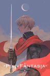  1boy akaneko_(redakanekocat) arm_at_side blonde_hair blue_sky brown_gloves cape copyright_name crescent_moon dylan_the_island_king glint gloves highres holding holding_sword holding_weapon looking_to_the_side male_focus moon outdoors pixiv_fantasia_last_saga red_cape serious sky sword upper_body weapon 