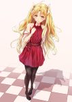  1girl ahoge bitter_sweet_(fate/grand_order) black_footwear black_legwear blonde_hair blush bow checkered checkered_floor dress earrings ereshkigal_(fate/grand_order) fate/grand_order fate_(series) floating_hair hair_between_eyes hair_bow jewelry long_hair pantyhose red_dress red_eyes shadow short_dress sleeveless sleeveless_dress solo standing tanikku twintails very_long_hair white_background white_bow 