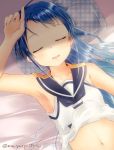  1girl armpits artist_name bangs bare_arms bare_shoulders bed bed_sheet blue_eyes blue_hair blue_neckwear closed_eyes collarbone commentary_request drooling flat_chest hand_on_own_head kantai_collection long_hair lying mae_(maesanpicture) messy_hair navel neckerchief on_back open_mouth pillow sailor_collar samidare_(kantai_collection) shiny shiny_hair sidelocks sleeping sleeveless solo swept_bangs very_long_hair white_serafuku 