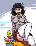  +_+ 1girl :3 akairiot black_hair breasts brown_eyes can candy cardigan character_profile commentary cookie desk english_commentary food food_in_mouth grey_cardigan highres leg_up loafers medium_breasts medium_hair meme necktie on_desk original pocky red_skirt school_uniform screentones shindan_maker shoes sitting skirt soda_can solo sparkle striped striped_legwear thighs translated unmoving_pattern vertical-striped_legwear vertical_stripes white_legwear 