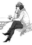  1boy casual cup gloves granblue_fantasy hair_between_eyes half_gloves high_heels holding holding_cup jacket long_sleeves male_focus mushi024 open_mouth sandalphon_(granblue_fantasy) scarf shirt short_hair sitting table 
