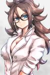  1girl android_21 black-framed_eyewear black_bra blue_eyes bra breasts brown_hair cleavage closed_mouth collarbone collared_coat commentary_request curly_hair double-breasted dragon_ball dragon_ball_fighterz earrings expressionless glasses hoop_earrings jewelry long_hair looking_at_viewer medium_breasts simple_background solo st62svnexilf2p9 underwear upper_body very_long_hair white_coat 