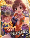  blush brown_eyes brown_hair character_name honda_mio idolmaster idolmaster_cinderella_girls jacket short_hair smile stars 