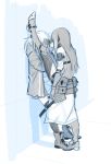  2girls against_wall blue_theme boots covering_face girls_frontline gloves greaves jacket leaning_back leg_lift long_hair m4a1_(girls_frontline) maiqtells monochrome multiple_girls pouch sidelocks sketch st_ar-15_(girls_frontline) standing standing_on_one_leg thigh-highs wall_slam 