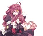  2girls :d ahoge bare_shoulders braid closed_eyes dorothy_(sinoalice) dress eyebrows_visible_through_hair fixakaraka hair_intakes hair_ornament hairclip highres hug long_hair looking_at_another messy_hair multiple_girls nightmare_(sinoalice) one_eye_closed open_mouth puffy_sleeves purple_hair red_eyes sheila_cutting_criminal sinoalice sleeves_past_wrists smile upper_teeth white_background 