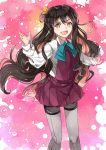  1girl absurdres black_hair bow bowtie fang feet_out_of_frame garter_straps grey_legwear hair_ribbon halterneck highres kanmiya_shinobu kantai_collection long_hair multicolored multicolored_background multicolored_hair naganami_(kantai_collection) pantyhose pink_hair ribbon school_uniform shirt solo standing two-tone_hair waving wavy_hair white_shirt yellow_eyes 