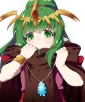  1girl bracelet chiki cloak closed_mouth fire_emblem fire_emblem:_mystery_of_the_emblem fire_emblem_heroes green_eyes green_hair hood hood_down hooded_cloak inha_(ingha) jewelry long_hair mamkute nintendo pointy_ears ponytail simple_background solo stone tiara upper_body white_background 